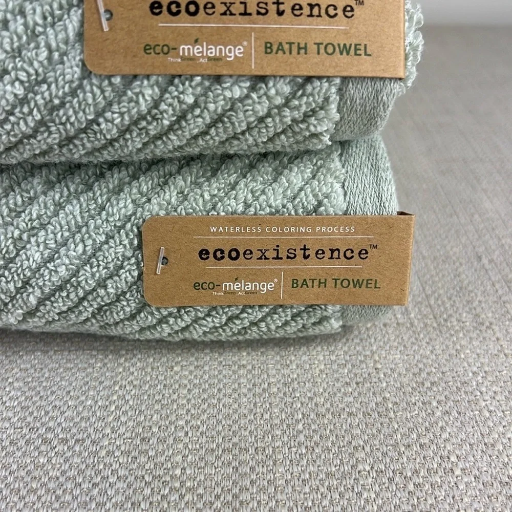 Ecoexistence Bath Towel Set Green Textured Zero Twist Loops Set of 2 NEW